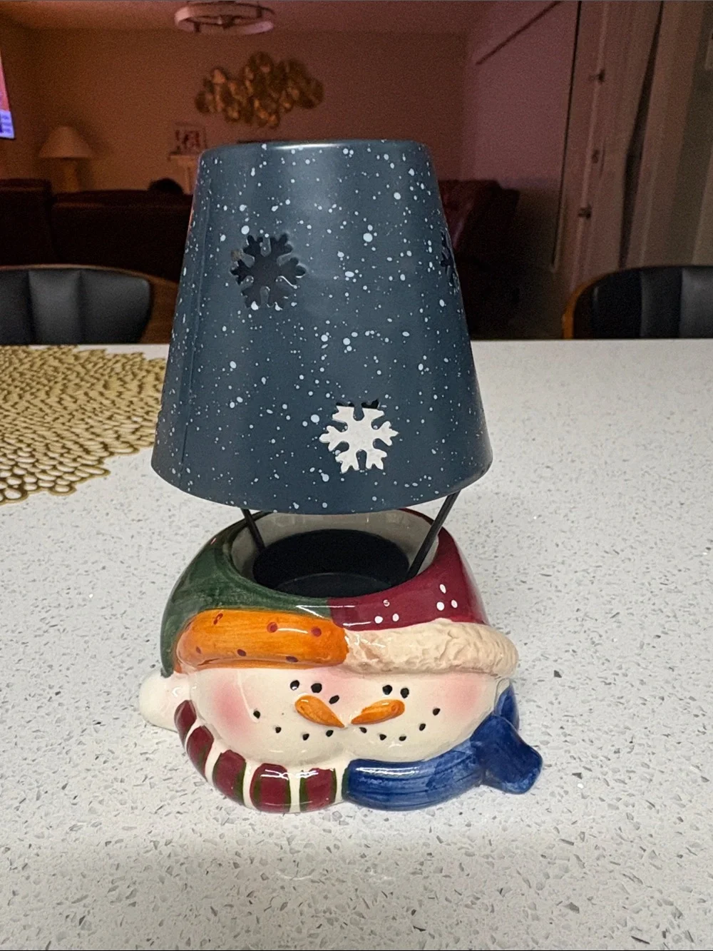 Holiday Snowman Ceramic Tea Light Holder with Navy Metal Shade